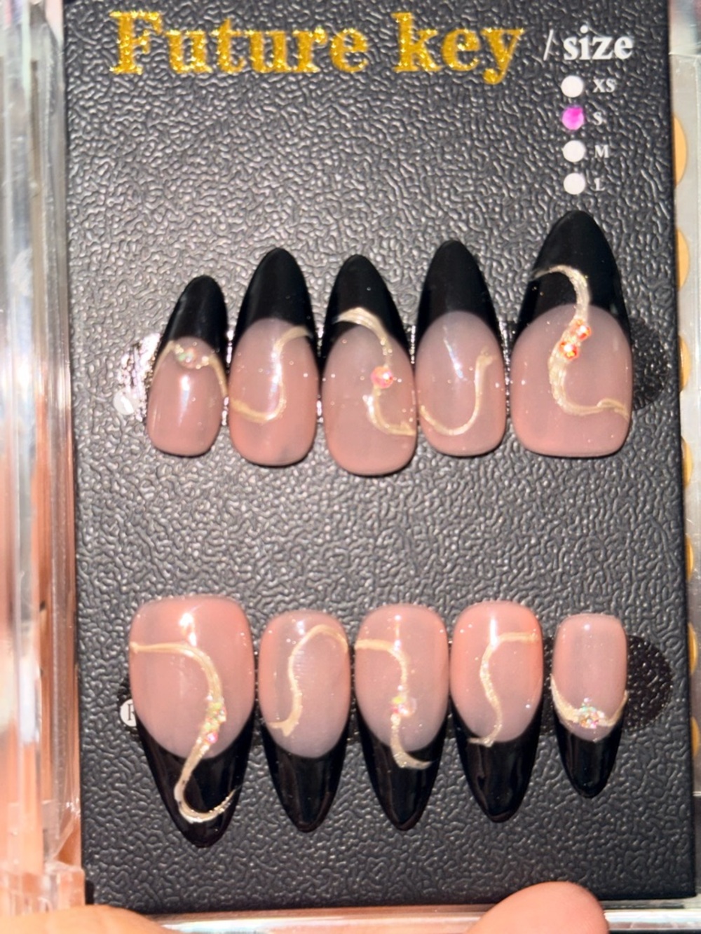 Black & Nude French Press-On Nails with Gold Accent